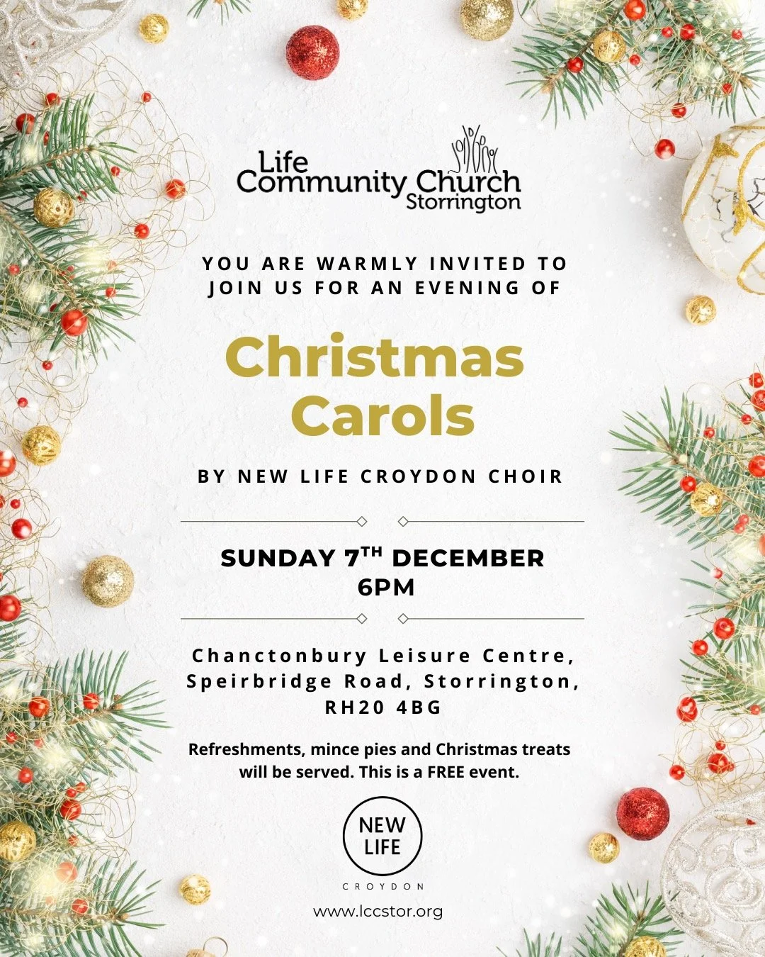 ✨🎄 You&rsquo;re Invited! Christmas Carols in Storrington 🎄✨
We&rsquo;re so excited to welcome you to a warm and festive evening of Christmas Carols, featuring the wonderful New Life Croydon Choir!
Bring your family, bring your friends and come and 