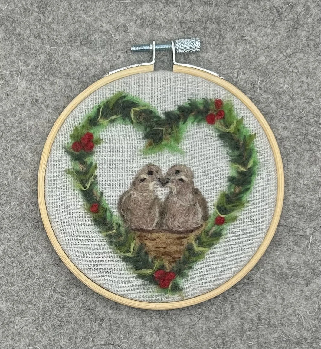$50 - Needle Felted Doves In Wreath 
framed in 4" Hoop
