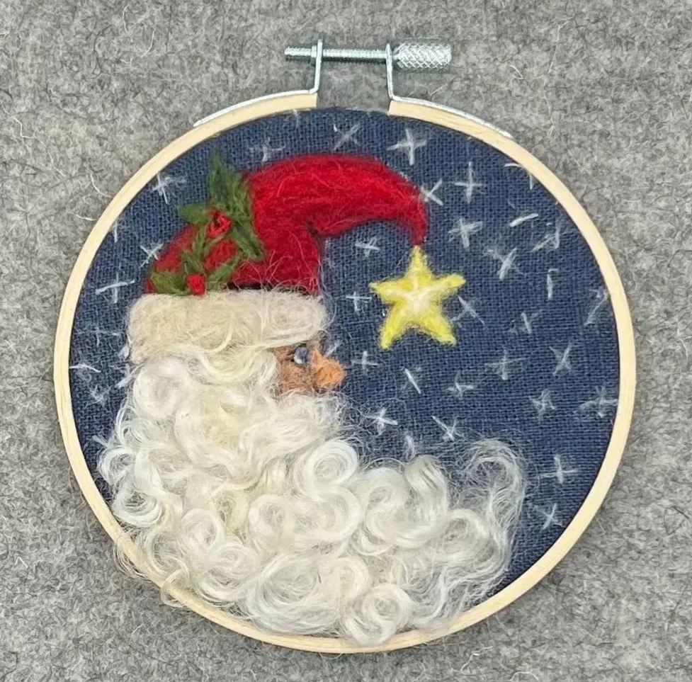 $65 - Needle Felted Crescent Moon Santa Claus framed in a 4 inch hoop