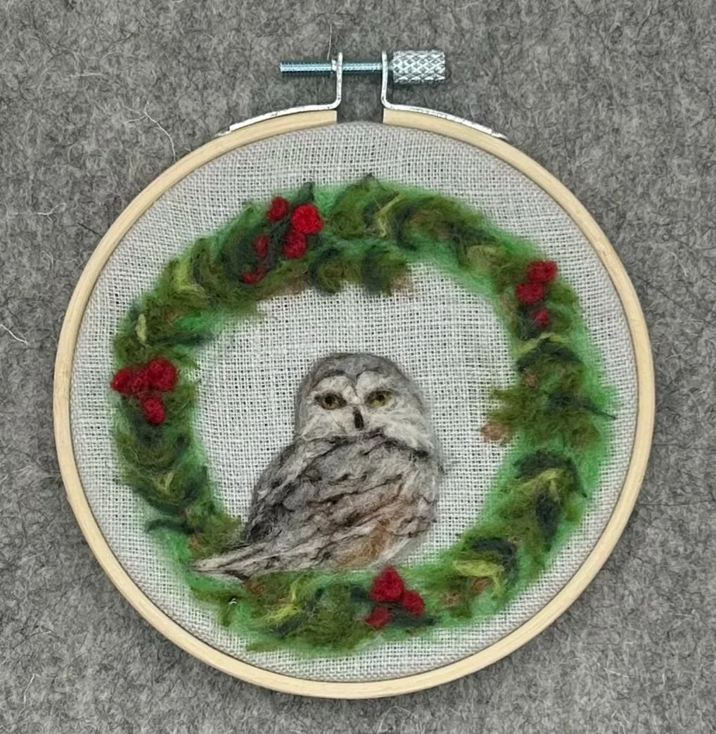 $50 - Needle Felted Owl Ornament framed in a 4" hoop