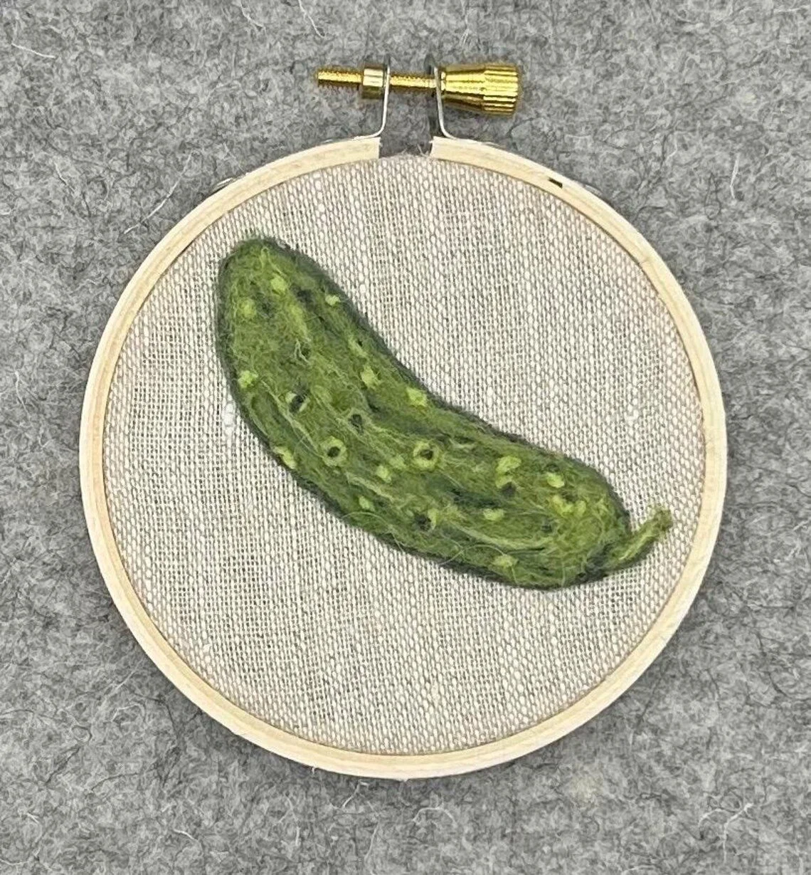 $35 - Needle Felted Pickle framed in a 3 inch hoop