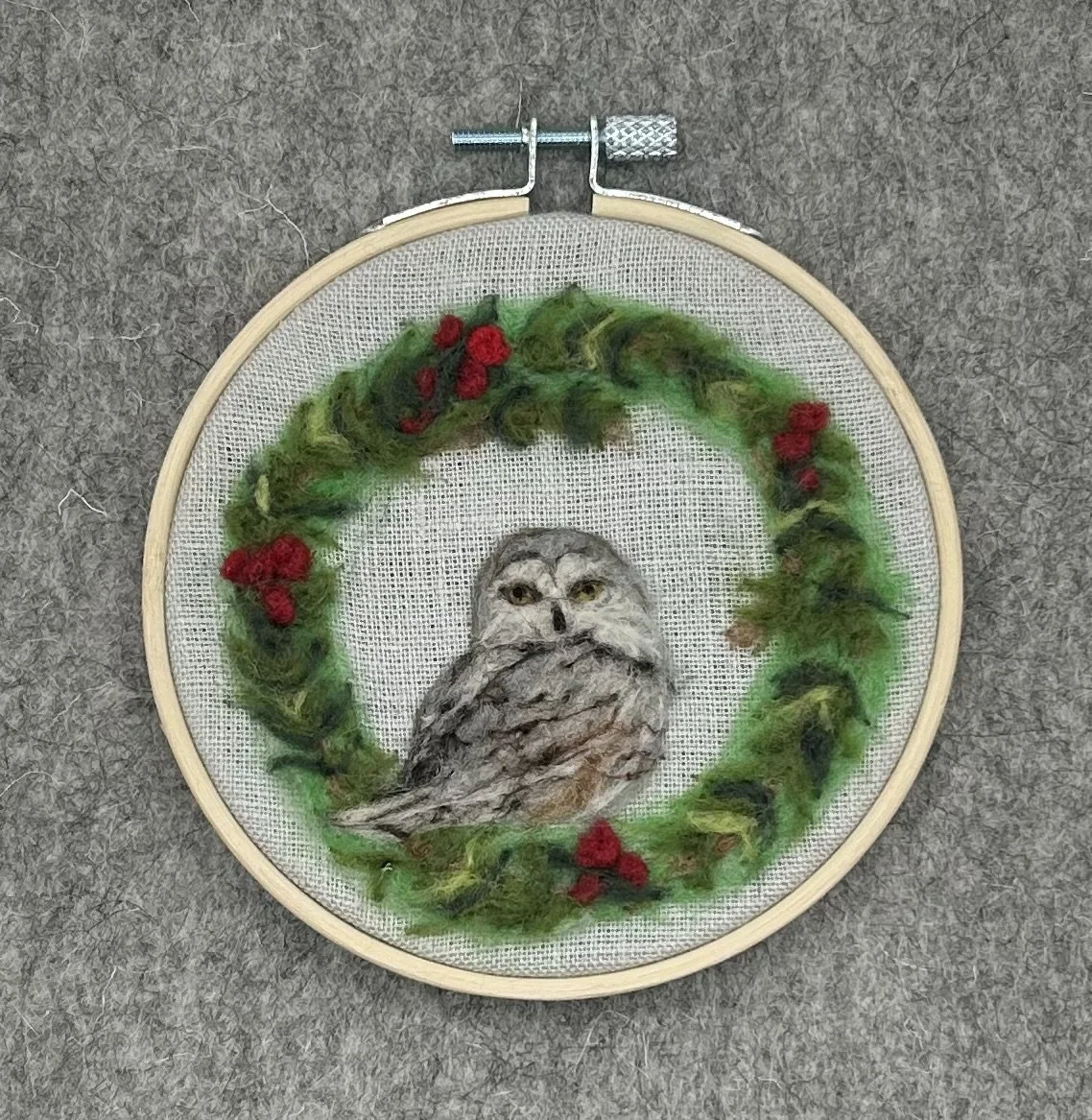 $50 - Needle Felted Owl Ornament framed in a 4" hoop