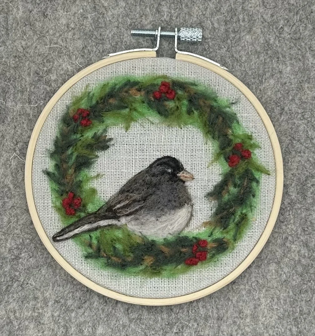 $50 - Needle Felted Junco (Snowbird) framed in a 4" hoop