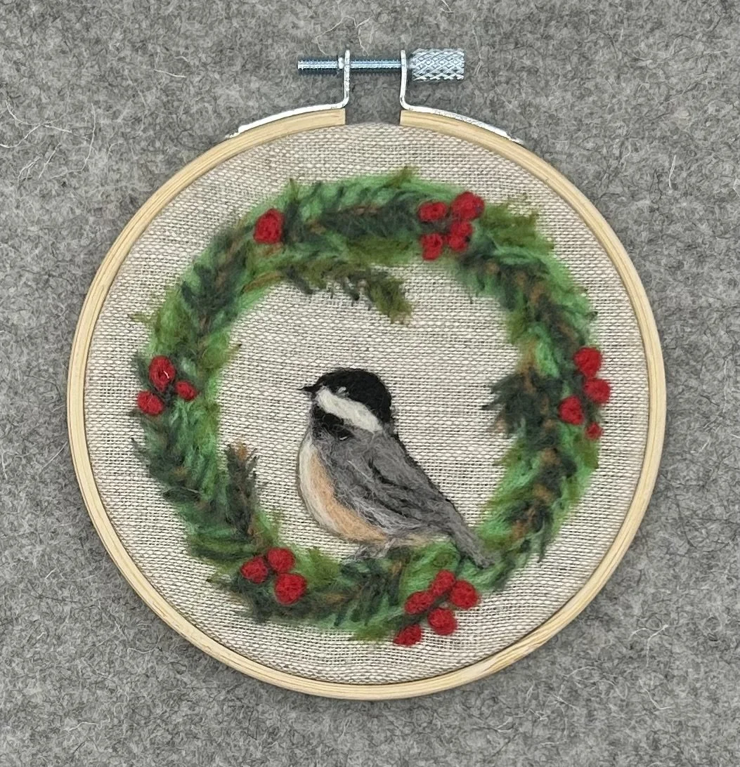$50 - Needle Felted Chickadee framed in a 4" hoop
