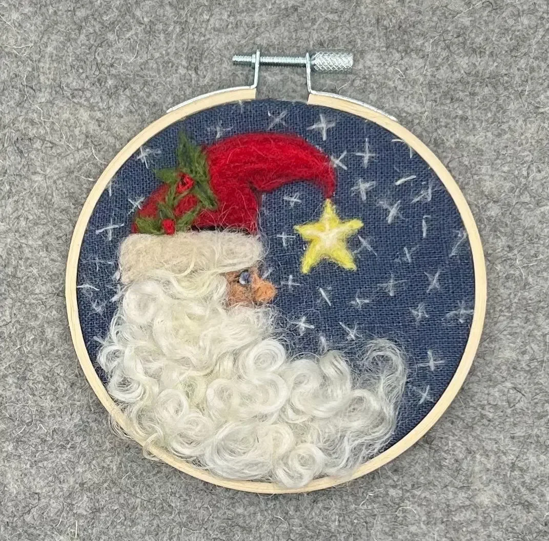$65 - Needle Felted Crescent Moon Santa Claus framed in a 4 inch hoop
