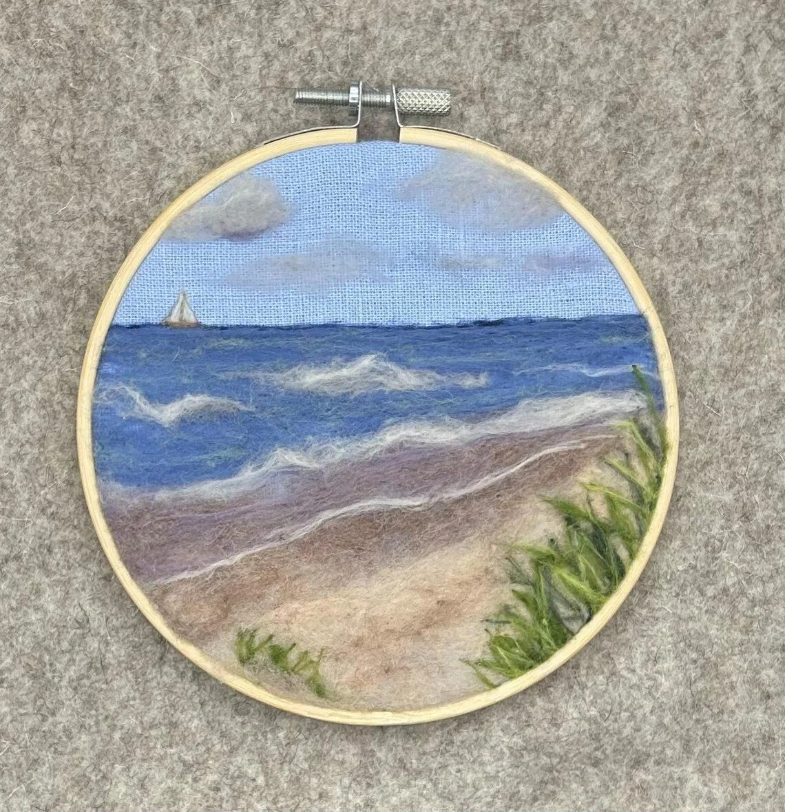 $55 - Needle Felted Beach Scene framed in a 5 inch hoop