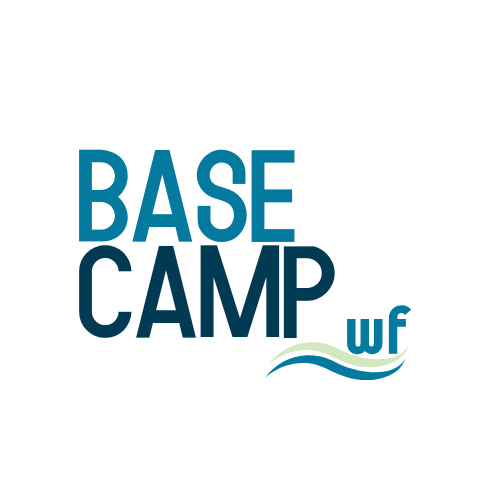Logo of Base Camp with blue text and wave design underneath.