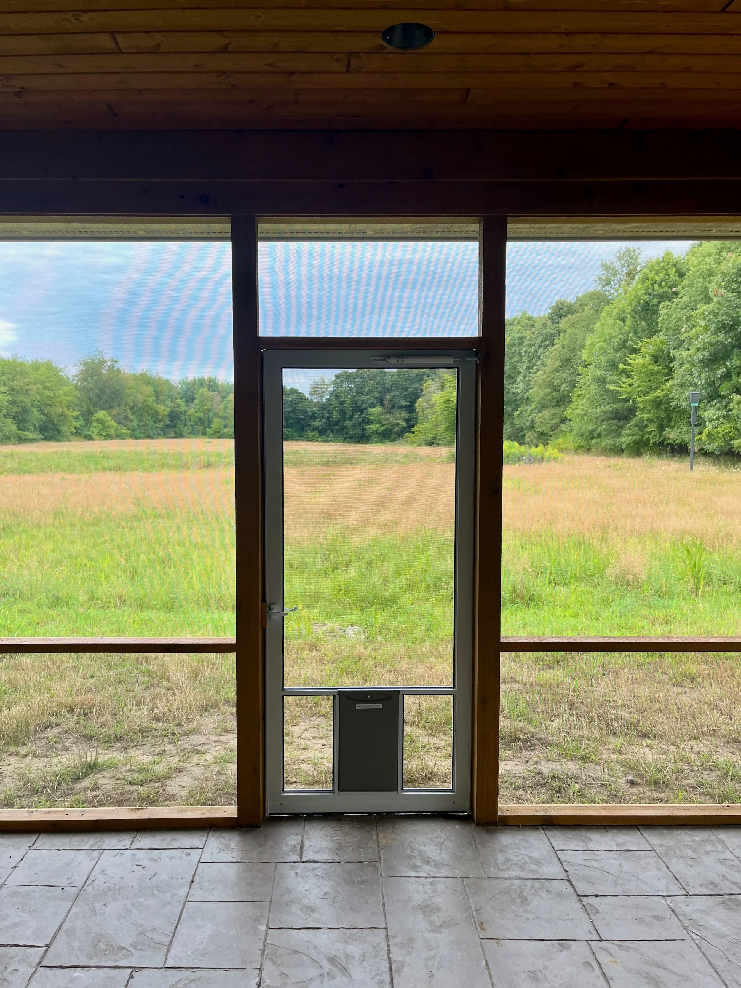 View looking out screen porch onto open field with flowing grasses. The floor is stamped concrete.