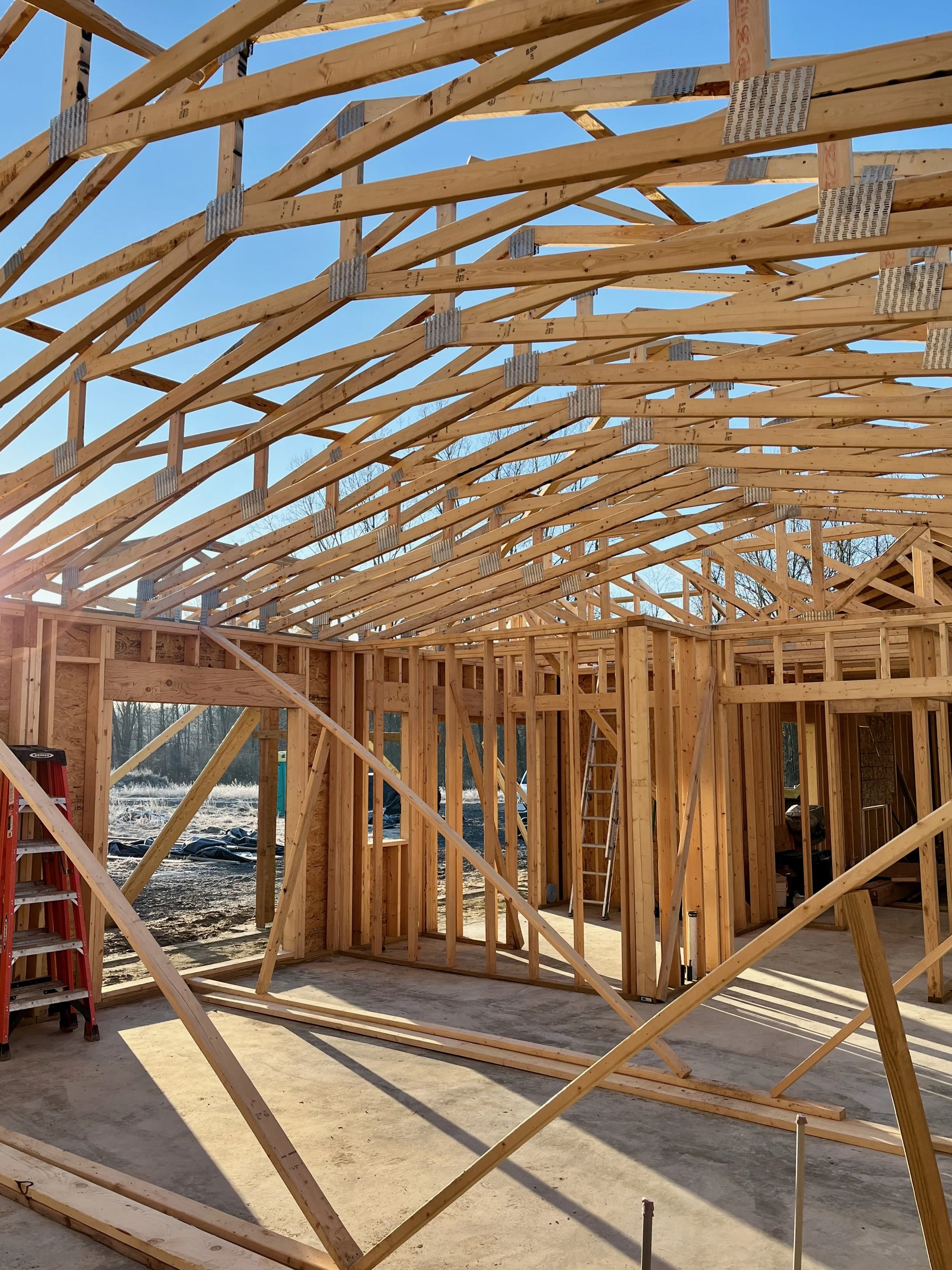 Exposed wood wall framing and wood trusses in the early stages of new home construction.