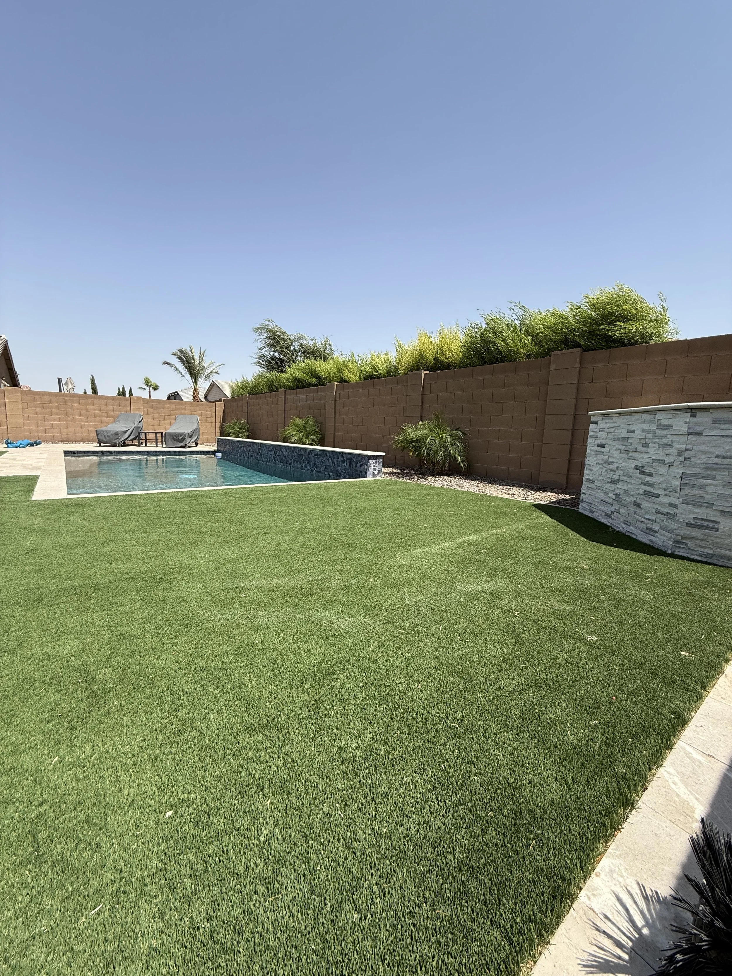 Backyard with a swimming pool, two lounge chairs with covers, a brown brick wall, green plants, and a clear blue sky.