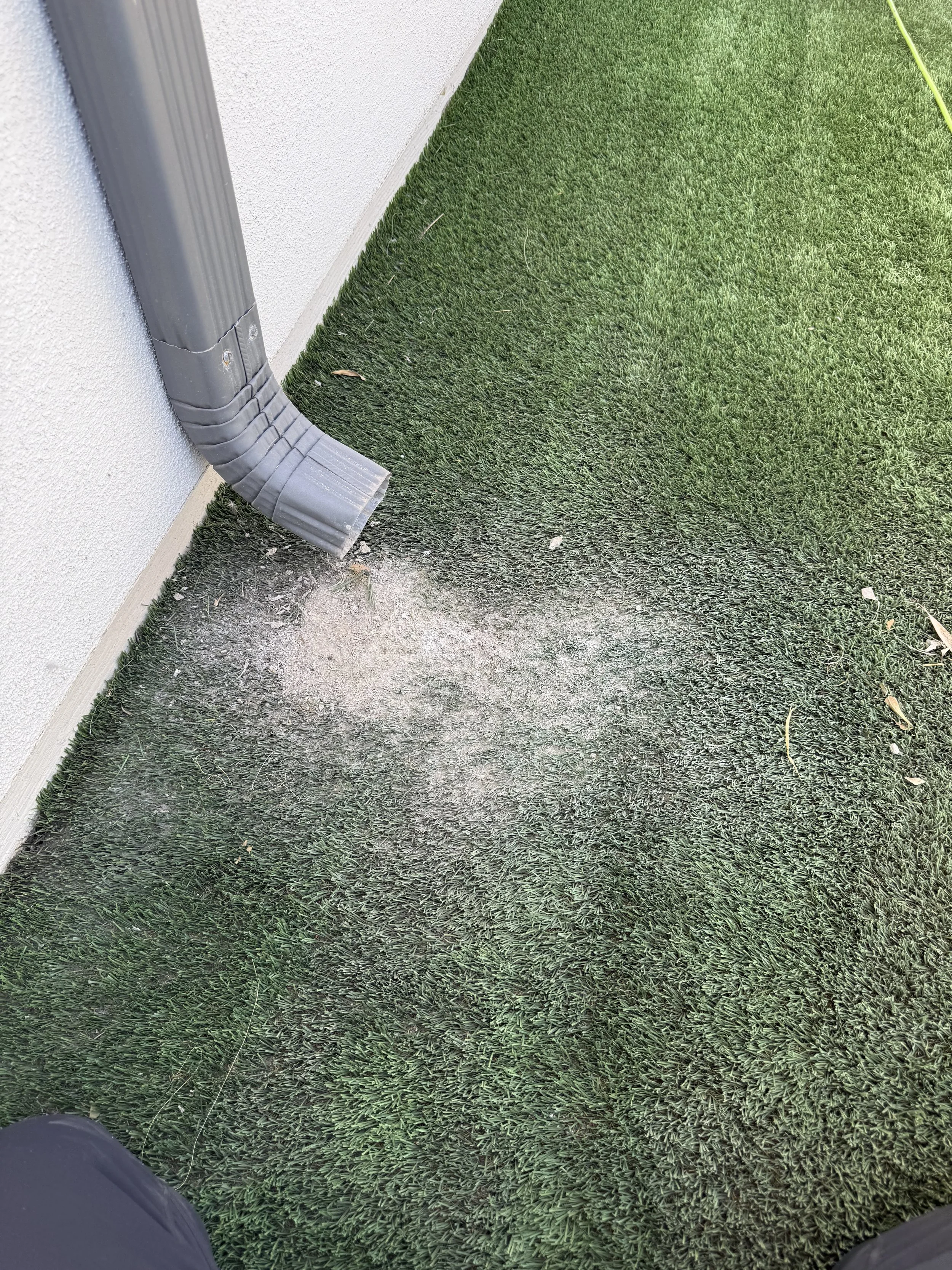 View of artificial green grass on the ground next to a white wall and a gray downspout pipe, with part of a person's leg and shoe visible at the bottom of the image.