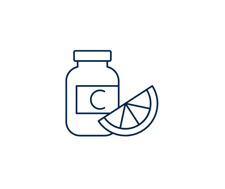 Outline of a vitamin C supplement bottle with a lemon wedge in front.