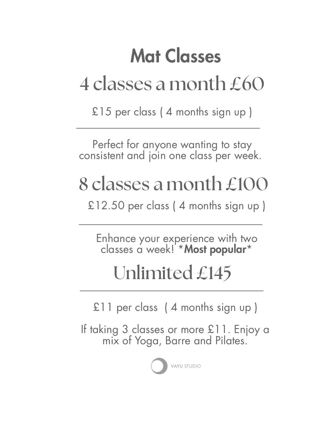 VAYU Memberships ✨
 
Why memberships? Consistency is key. With a membership, you stay committed, build lasting habits, and receive better value compared to class packs&mdash;helping you prioritise your wellbeing 🙌

Find your balance, build your stre