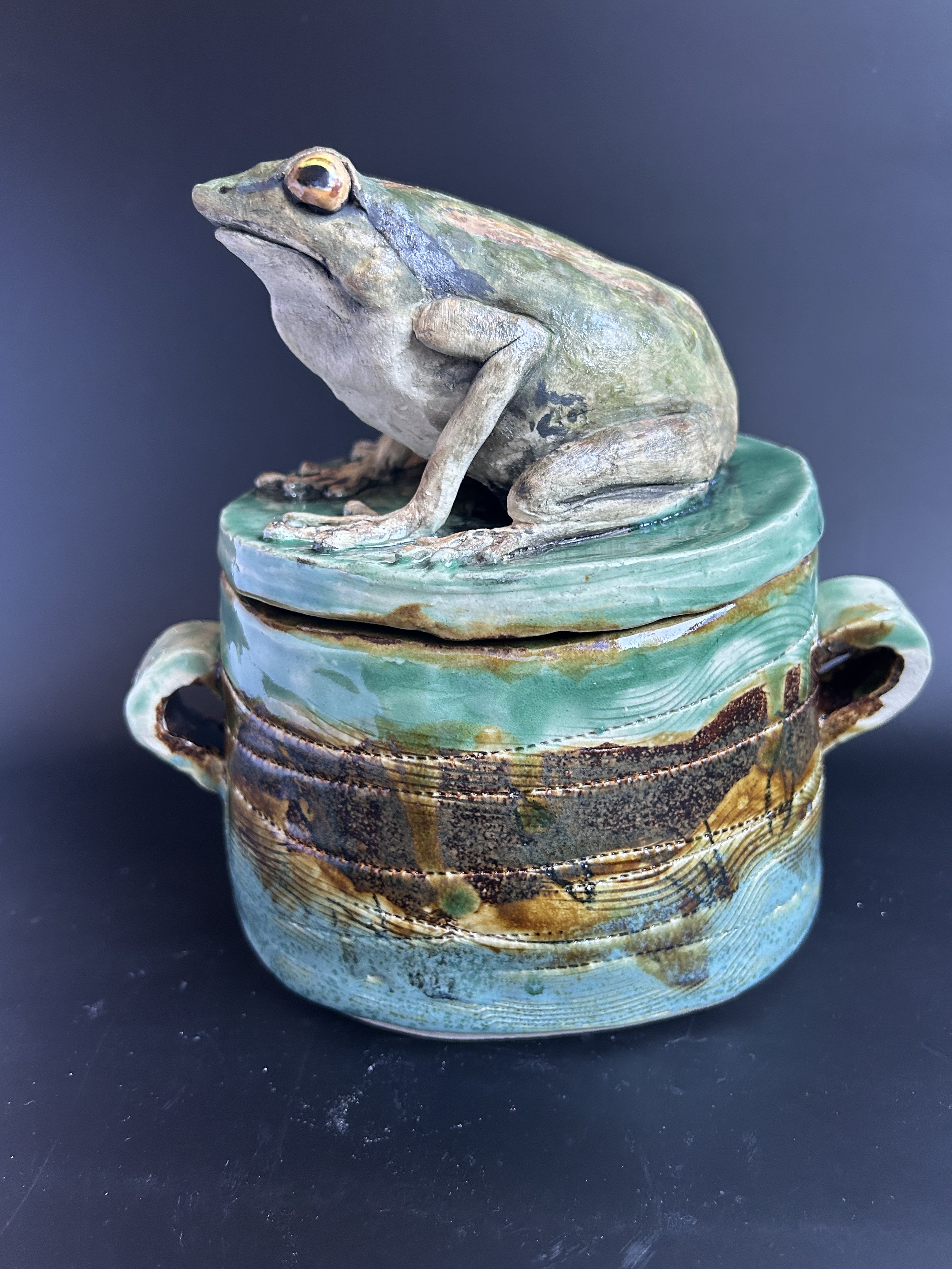 Ceramic jar with a frog sculpture on top, painted in shades of green, blue, and brown, set against a dark background.