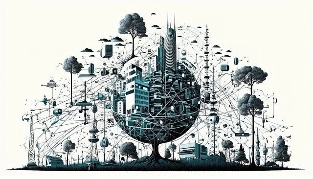 Illustration zeigt Gebäude und Bäume im KI Zeitalter