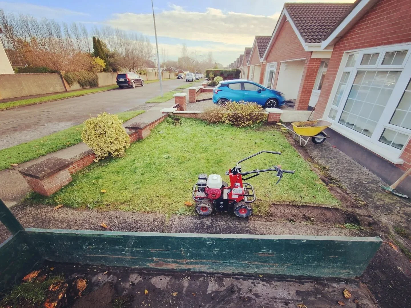 Turf and hedges removed to make way for 14mm decorative stone and some granite curbing.
