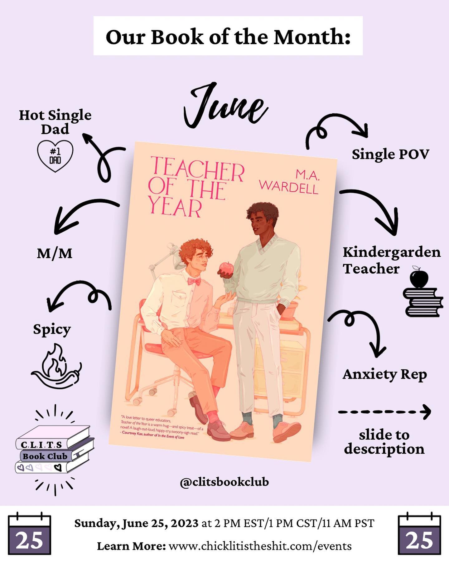 Book Club Pick: June 2023

This month we will be reading Teacher of the Year by fantastic debut author @mawardellauthor 

Join us Sunday, June 25 at 2 PM EST/1 PM CST/11 AM PST

Sign up on my events page; link in bio 🔗

QOTD: Can you name romance bo