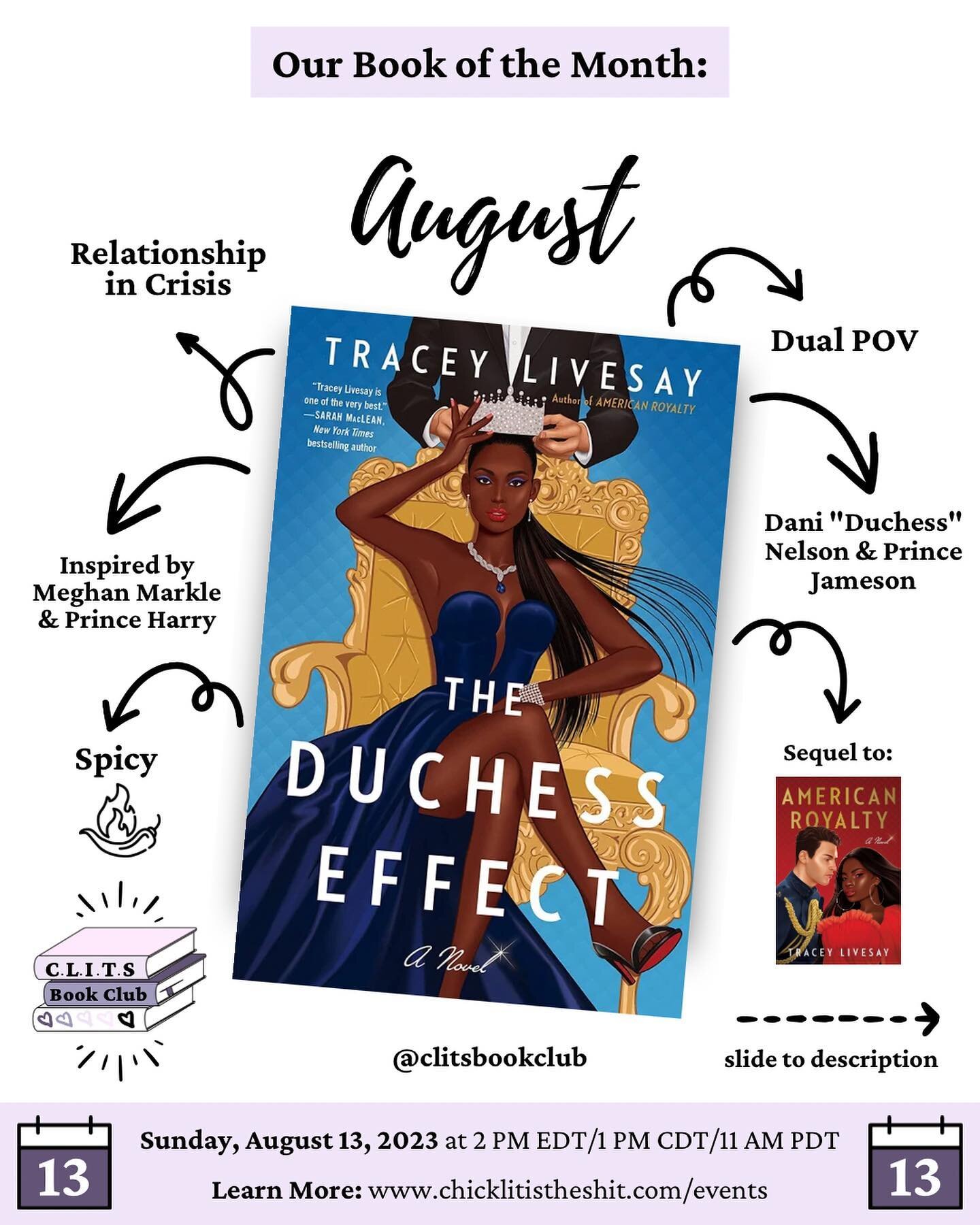 Book Club Pick: August 2023

This month we will be reading The Duchess Effect by @tracey.livesay 🤩

Join us Sunday, August 13 at 2 PM EDT/1 PM CDT/11 AM PDT

Sign up on my events page; link in bio 🔗 https://bit.ly/43NpXXp

QOTD: Have you read Ameri