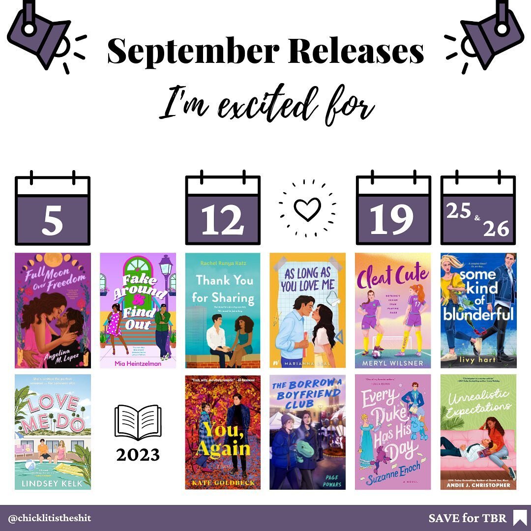 Books coming out &hearts; September 2023 &hearts;⁠
⁠
September 5⁠
↠ Full Moon Over Freedom by Angelina M. Lopez⁠ @angelinamlo 
↠ Love Me Do by Lindsey Kelk⁠ @lindseykelk 
↠ Fake Around &amp; Find Out by Mia Heintzelman⁠ @miaheintzelmanauthor 
⁠
Septe