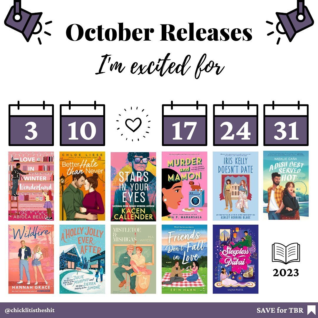 Books coming out &hearts; October 2023 &hearts;⁠
⁠
October 3:⁠
Love in Winter Wonderland by Abiola Bello @abiolabello⁠
Wildfire by Hannah Grace @hannahgraceauthor⁠
⁠
October 10:⁠
Better Hate Than Never by Chloe Liese @chloe_liese⁠
A Holly Jolly Ever 