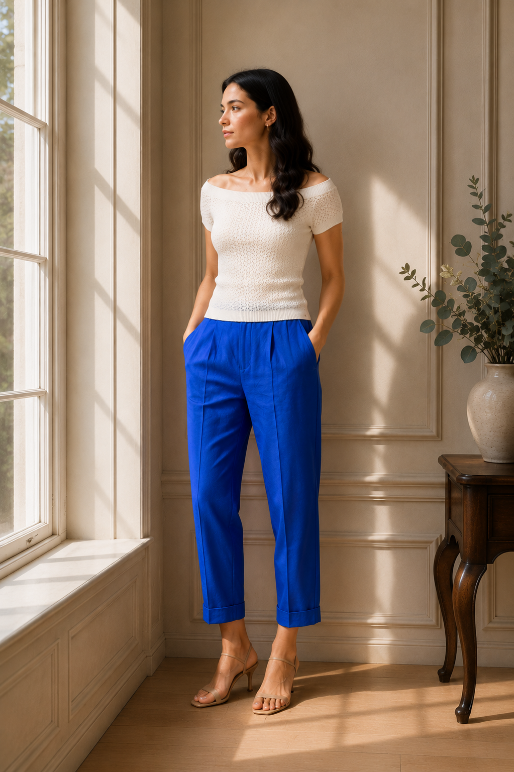 Cropped linen trousers with pockets electric blue Pop London Sustainable Fashion Independent British Brand.png