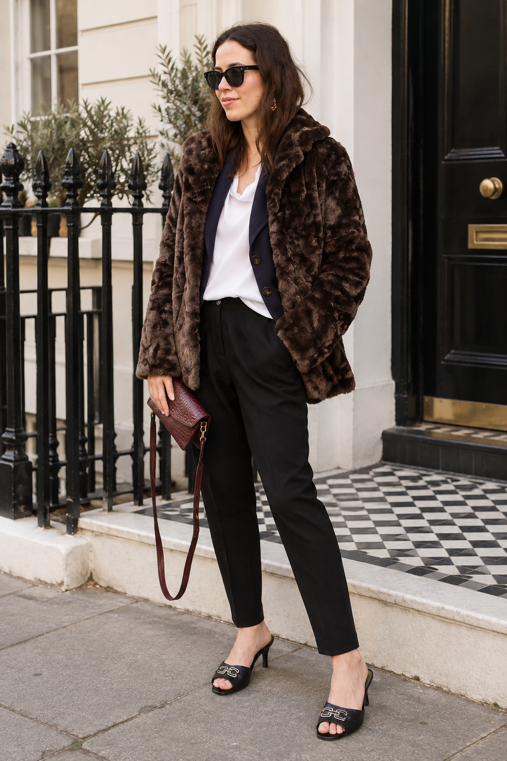 Pop London Coffee crush faux fur coat on model.png