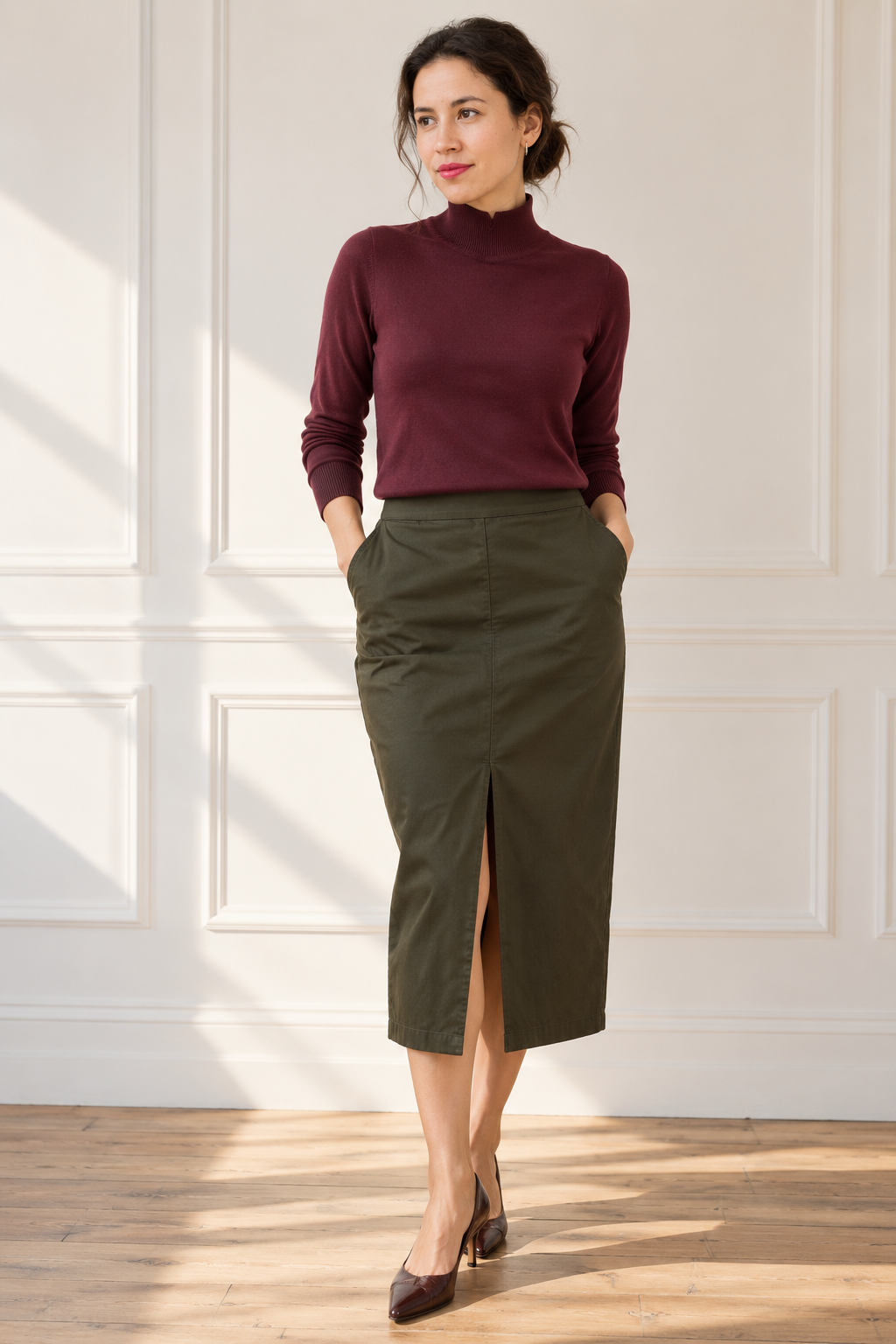Pop London Black Cherry Polo Neck on model.png