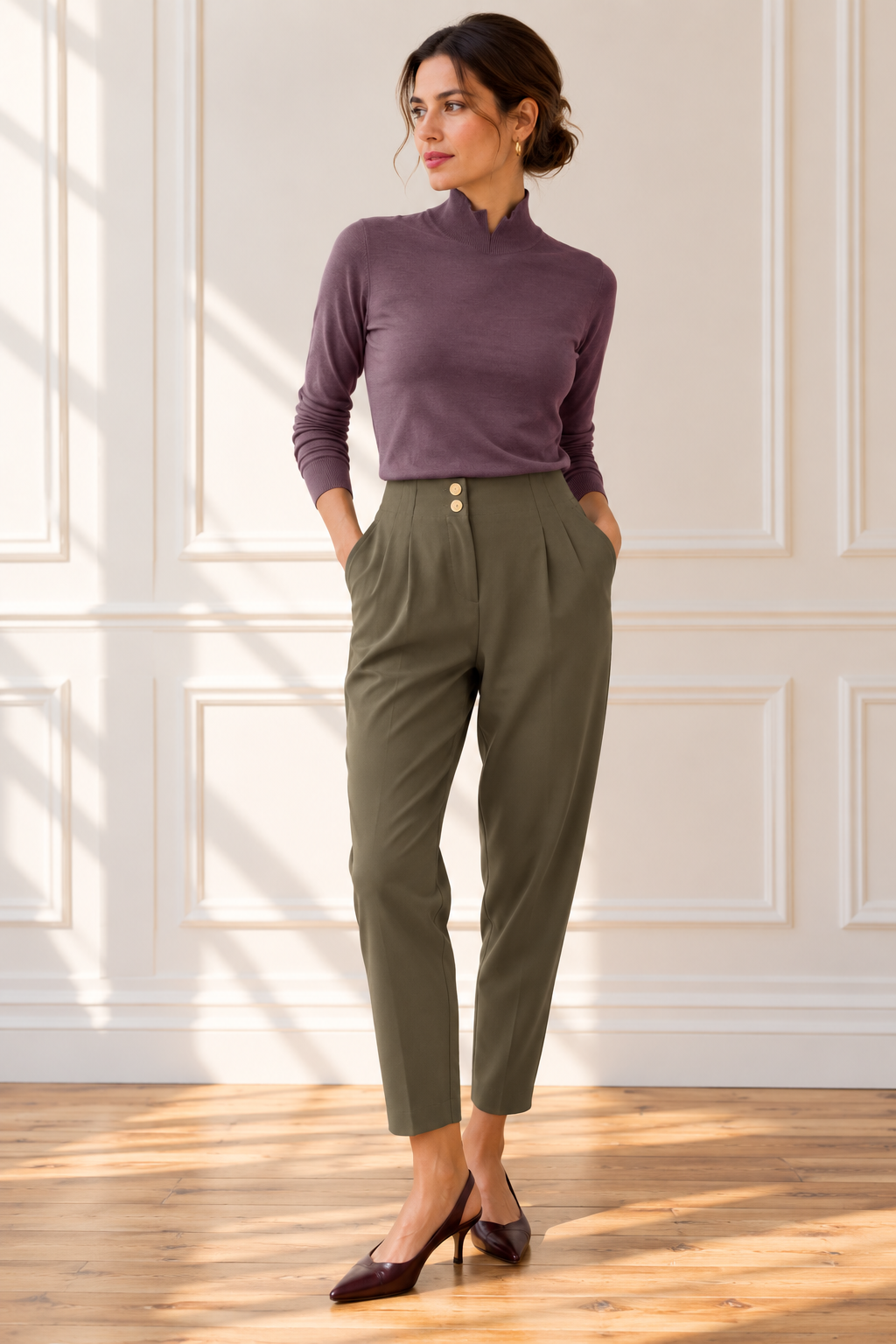 Pop London polo neck grape plum shade on model.png