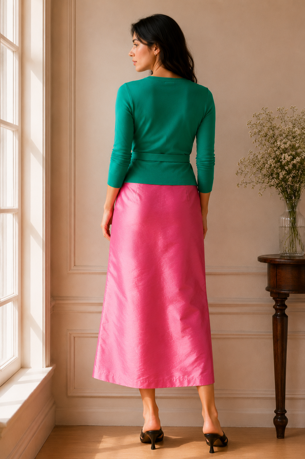 Silk taffeta midi skirt with slit and pockets pink BACK Pop London Sustainable Fashion Independent British Brand.png