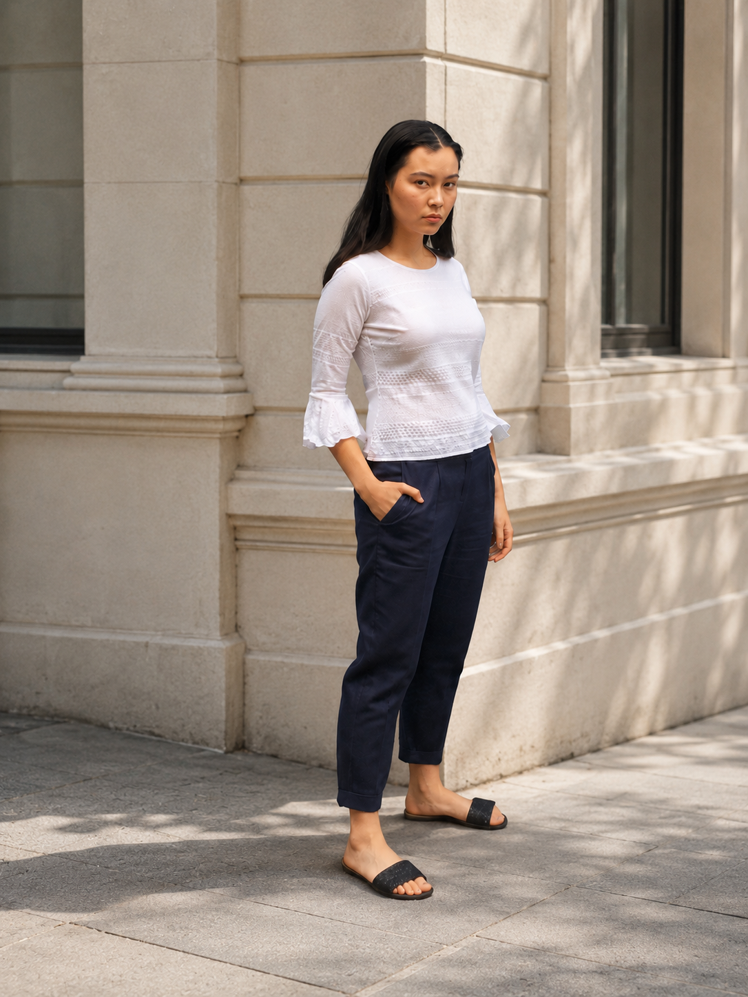 Cropped linen trousers with pockets dark navy Pop London Sustainable Fashion Independent British Brand.png