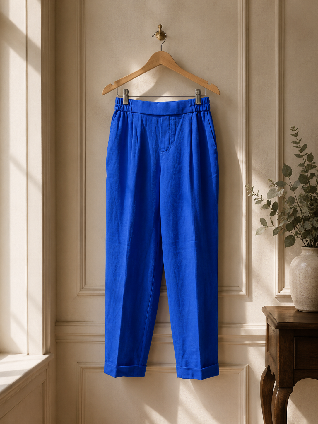Cropped linen trousers with pockets electric cobalt blue Pop London Sustainable Fashion Independent British Brand.png