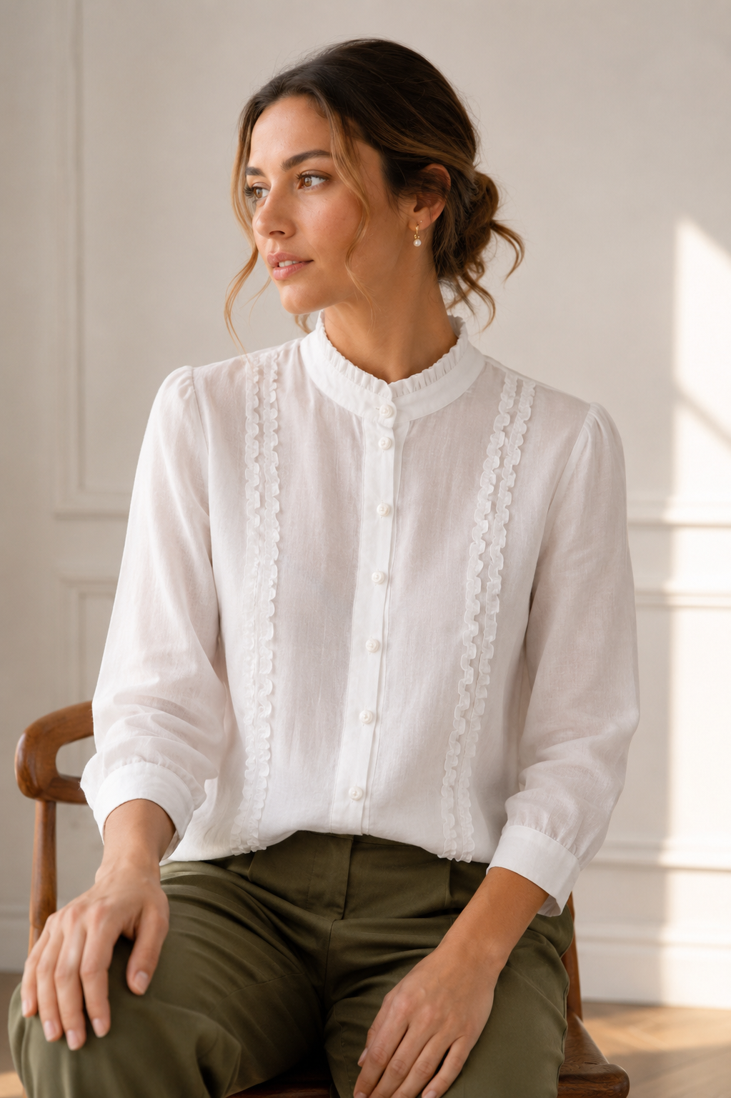 Pop White Pleat Collar Blouse With Ruffles Close Up sustainable brand white cotton shirt independent British Brand