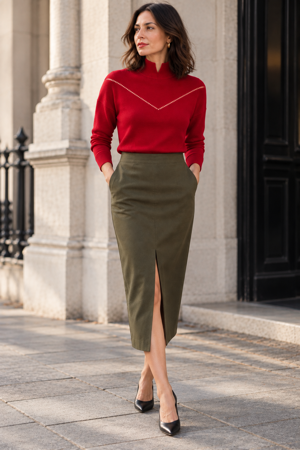 Pop London pointelle polo neck jumper scarlet on model.png