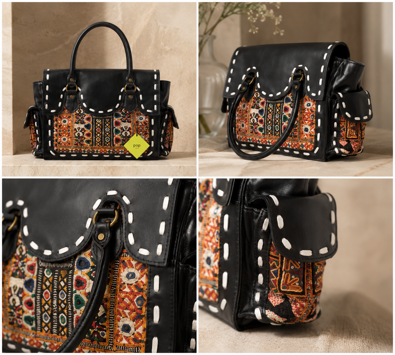Upcycled leather and antique embroidery handbag office bag black close up side Pop London Sustainable Fashion Independent British Brand.png