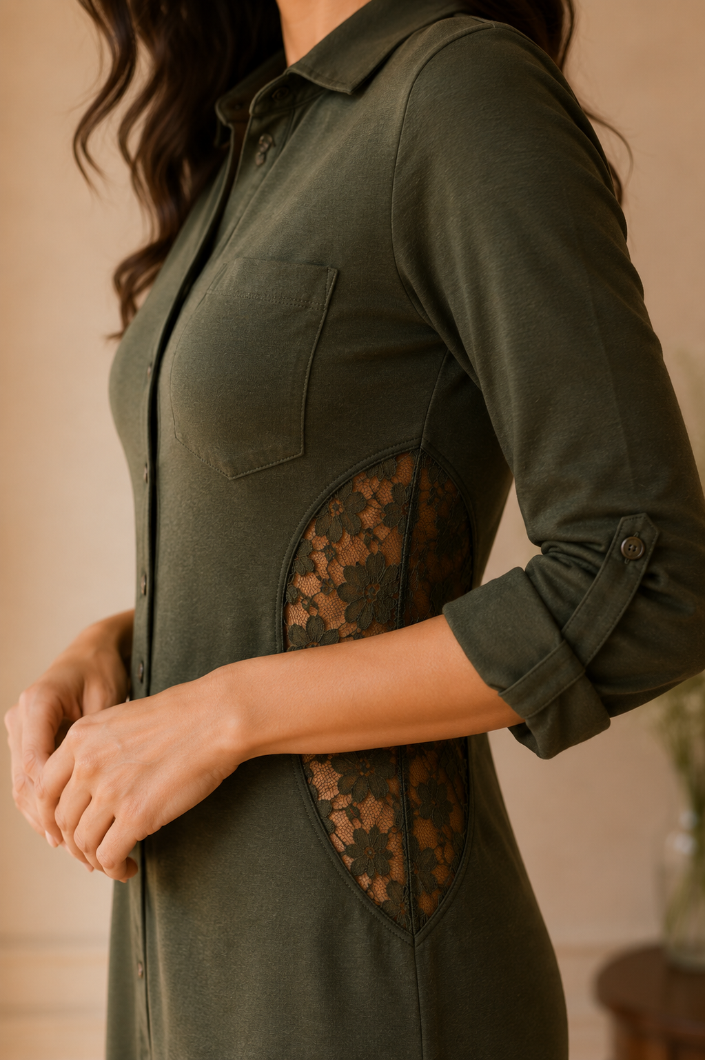Midi length Jersey shirt dress with sleeves and lace cutout panels dark olive green SIDE CLOSE UP Pop London Sustainable Fashion Independent British Brand.png