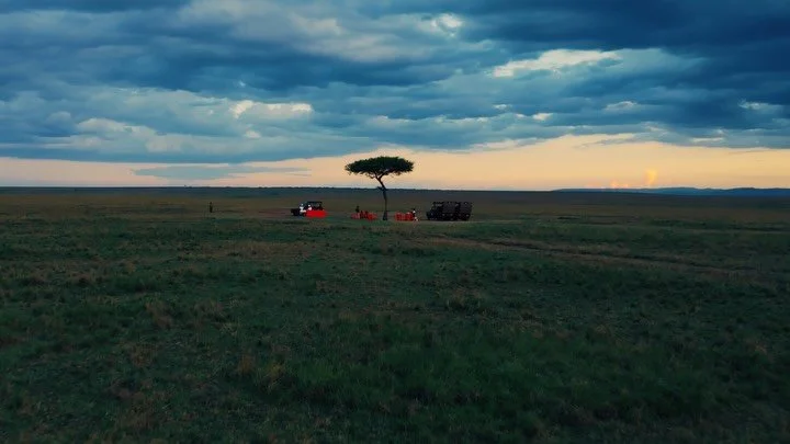 Mist burning off the riverine forest at dawn, the Talek curling around the tents, a pool cut into the lawn under old trees, canvas opening onto green. Then out on the plains &mdash; sundowners under a lone acacia as the storm light turns blue.

📍 Ma