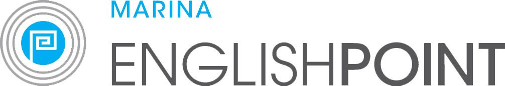 Marina English Point logo with blue and black text and a circular icon with a maze-like design.