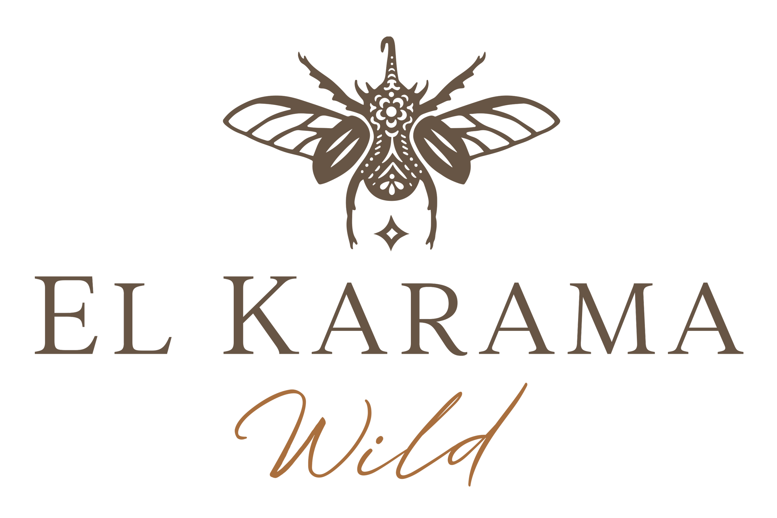Elegant logo with a detailed symmetrical moth illustration above the text 'ELIKARAMA' in serif font, and the word 'Wild' in cursive below, all in brownish tones.