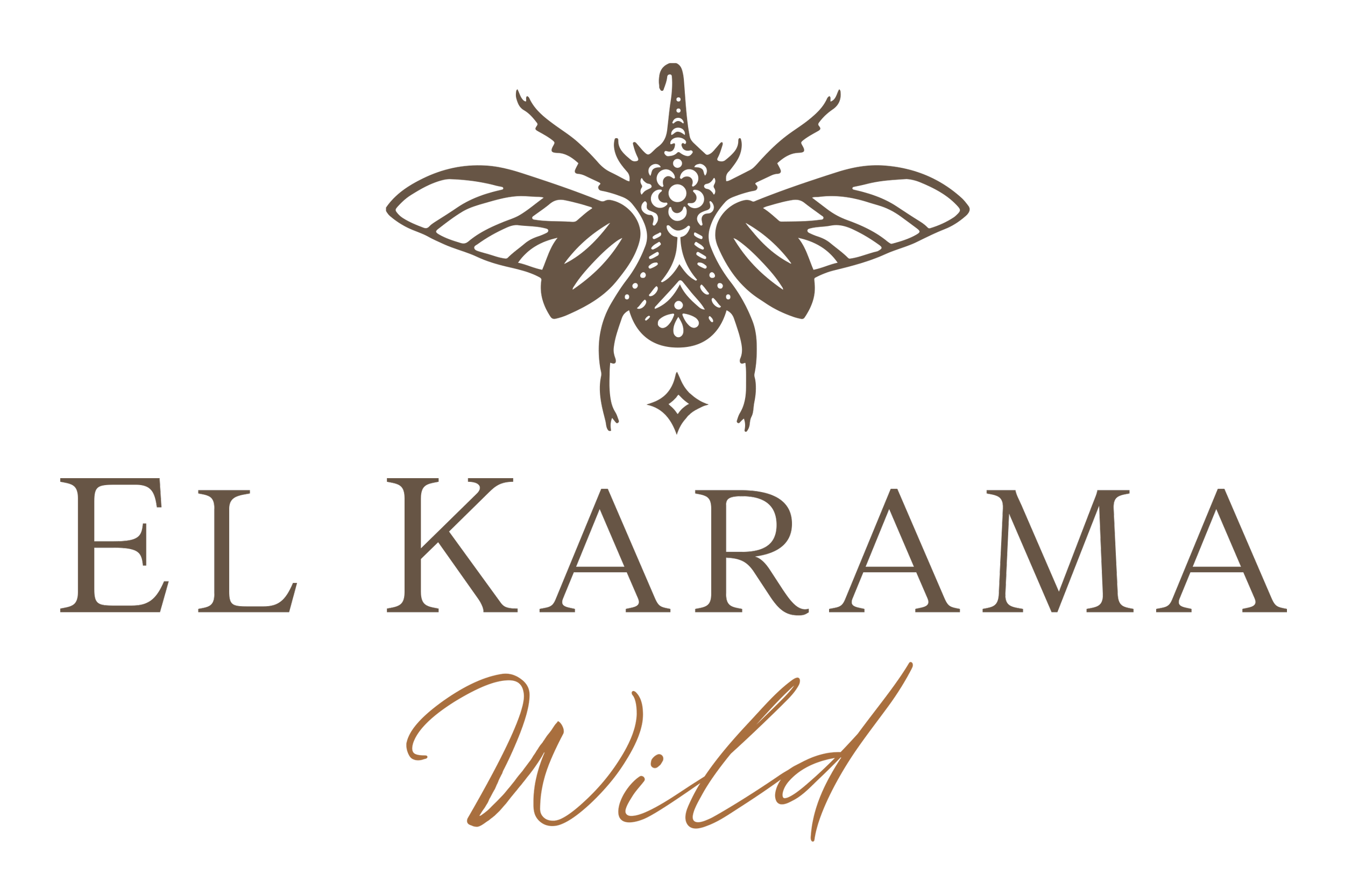 Elegant logo with a stylized moth or butterfly at the top, and the text 'El Karamá' in large, serif font, with 'Blessed' in cursive below.