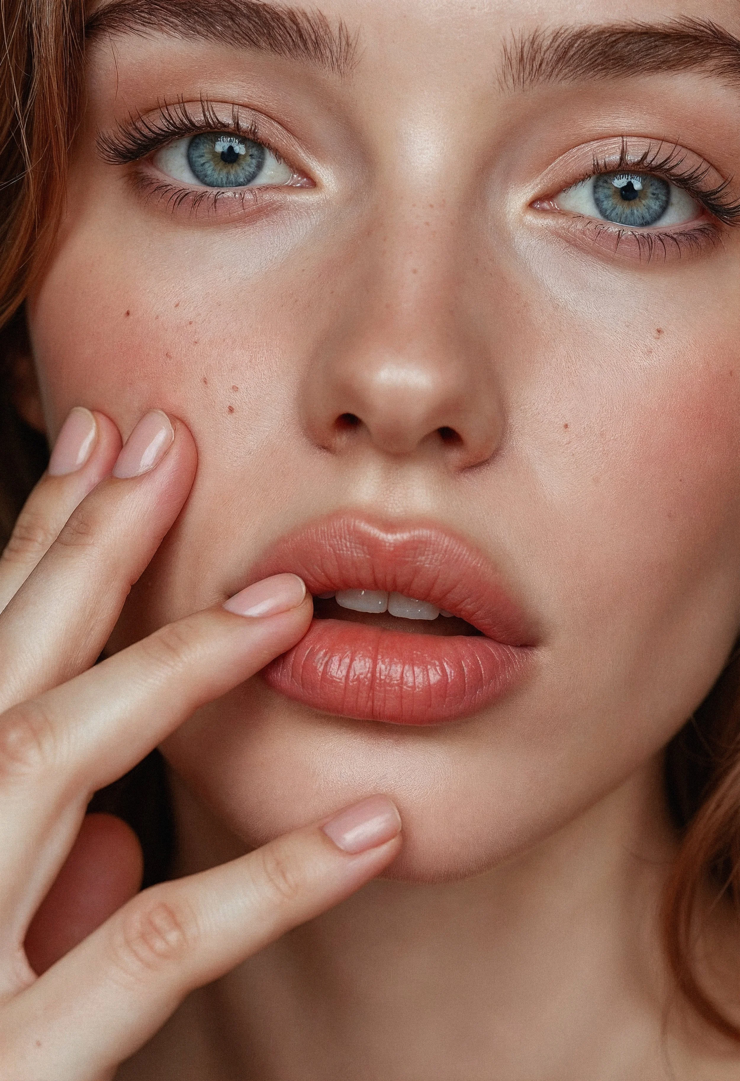 Nahaufnahme eines Frauenkopfes mit blauen Augen, rotem Haar und natürlichem Make-up, berührt mit den Fingern ihr Kinn und ihre Lippen.