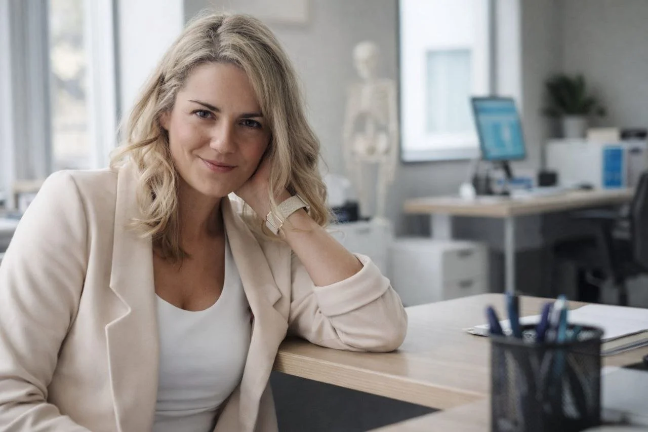 Junge Frau sitzt an einem Schreibtisch in einem modernen Büro, lächelnd in die Kamera schauend.