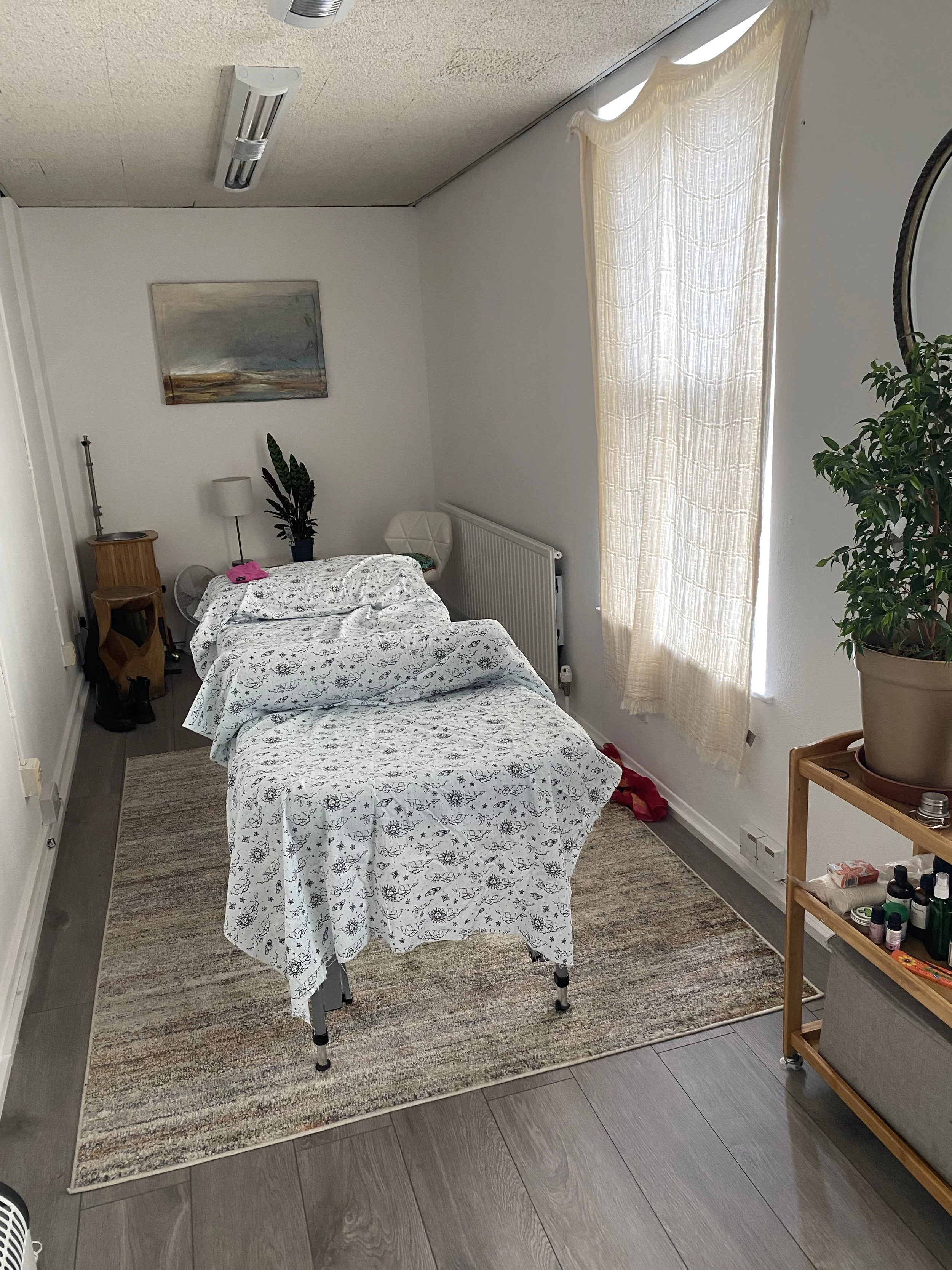 A room with a bed covered by a white patterned sheet, a small bedside table with a lamp and plant, a framed landscape painting on the wall, a window with beige curtains, a large potted plant, and a rolling cart with various items, situated on a multicolored rug. Fluorescent ceiling lights are visible.