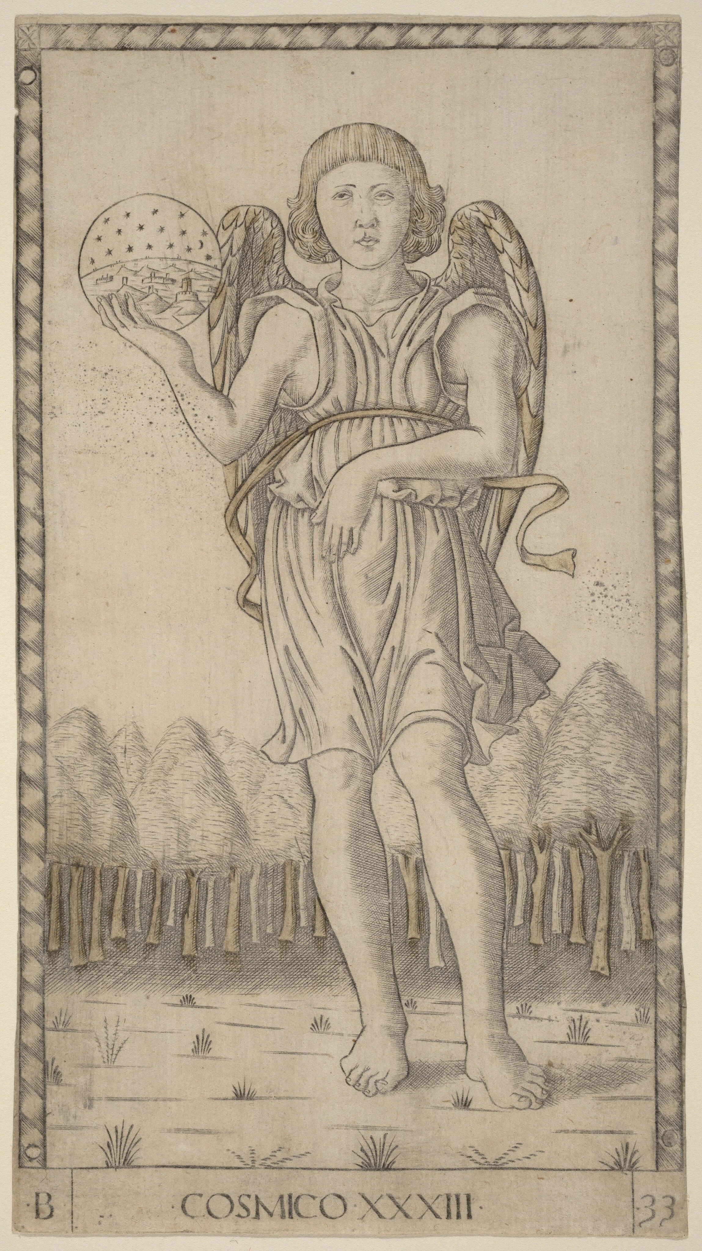 A person with wings towers over a forest and holds an orb representing the world.