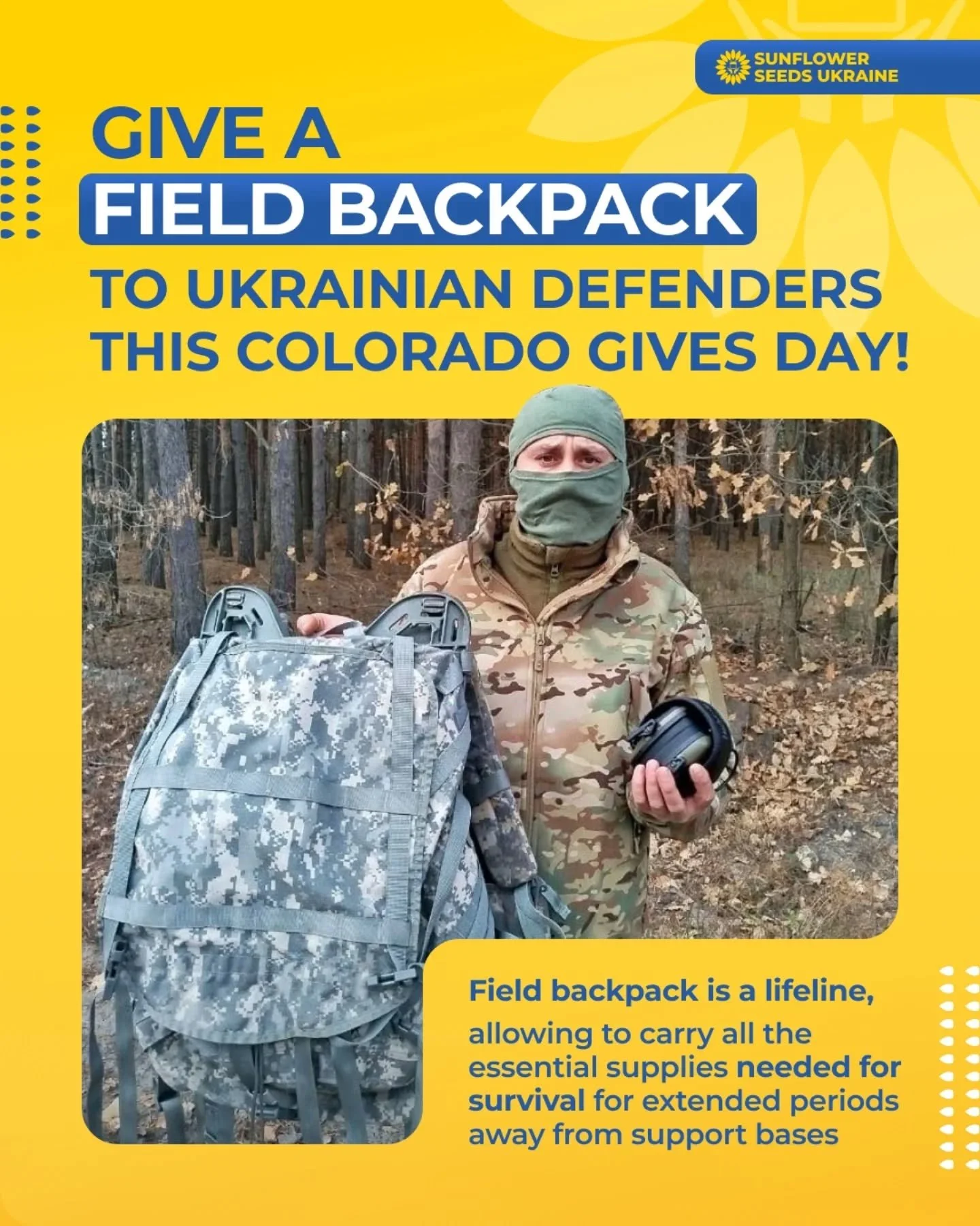 🇺🇦 Give a backpack to Ukrainian Defenders this Colorado Gives Day!

🎁 Just $50 provides a small backpack to carry on a mission, and $100 buys a large backpack to move to a forward position!

🙌 Please help us equip Ukrainian Defenders with this fi