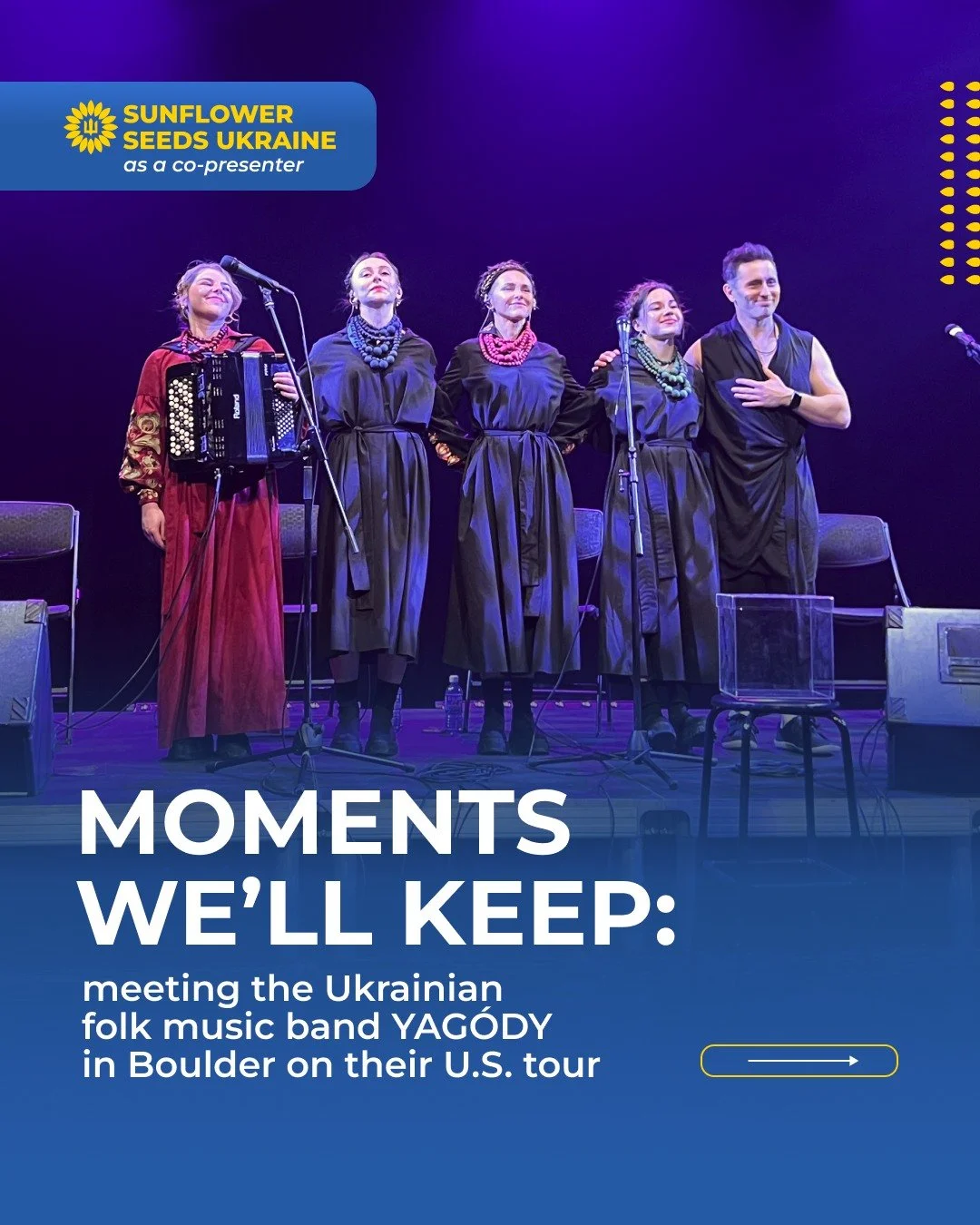 Last week, Ukrainian music group @yagody_official lit up the stage at the @thedairyart in Boulder, filling the space with mesmerizing energy and powerful ethno sounds 🎶

We are deeply grateful to YAG&Oacute;DY for sharing their voices, artistry, and