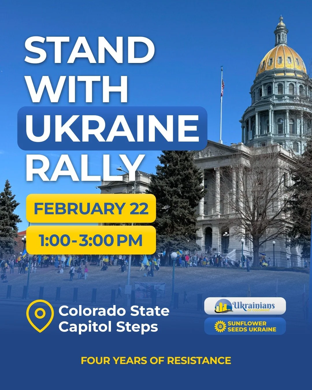 On Sunday, February 22, we mark four years since russia's full-scale invasion of Ukraine. Join @ukrainians_of_colorado at the Colorado State Capitol for the Stand with Ukraine Rally. 

This winter has been especially difficult for Ukraine. Ongoing ru