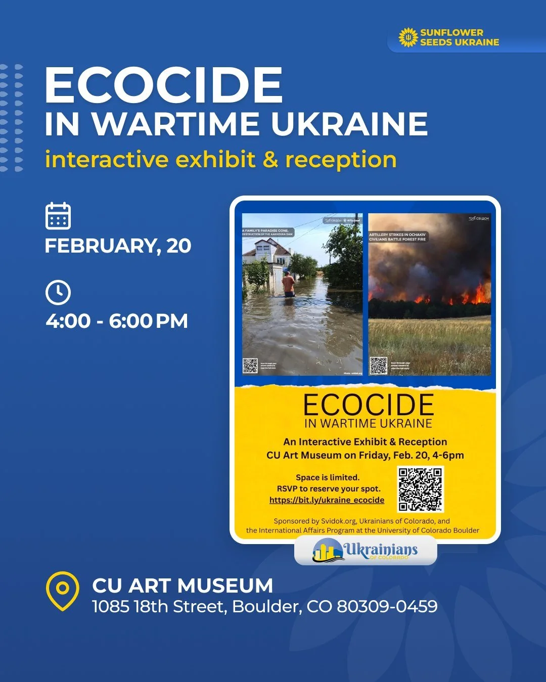 Visit CU Art Museum this Friday for a powerful interactive exhibit and reception: Ecocide in Wartime Ukraine. The featured documents and visual materials will reveal the extensive environmental destruction directly caused by russia&rsquo;s war agains