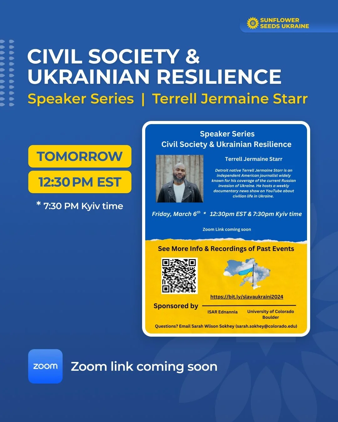 For volunteers and everyone interested in Ukraine, this webinar is for you. Wherever you are, join online:

10:30 AM MT
12:30 PM EST
7:30 PM Kyiv

&laquo;We'll have a VERY interesting discussion with Terrell Jermaine Starr about Ukraine. Terrell is a