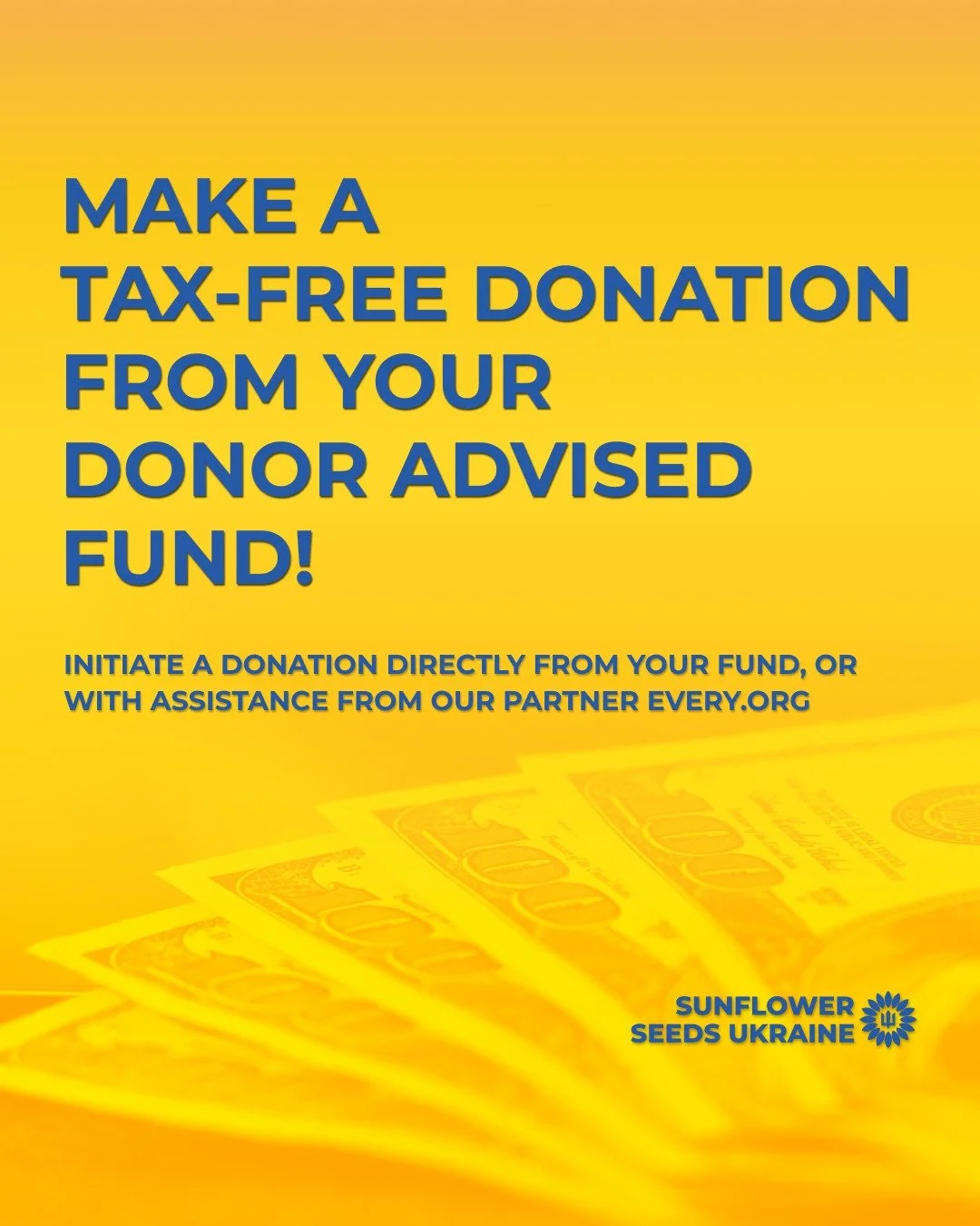 🇺🇦Make a tax-free donation from your Donor Advised Fund (DAF)!

💛💙 Initiate a donation directly from your fund, or with assistance from our partner Every.org: see link in bio or visit https://www.every.org/sunflowerseedsukraine?donateTo=sunflower