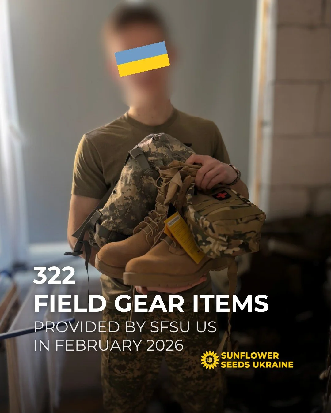 322 field gear items were delivered to Ukrainian defenders in February. 
These include backpacks, load-bearing vests, pouches, and more.

Overall, in February, SFSU supported 419 defenders with 81 first aid kits, 342 protective gear items, 21 uniform